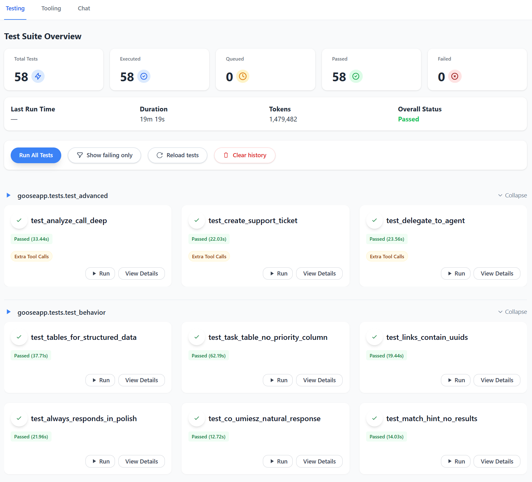 Goose dashboard testing history view