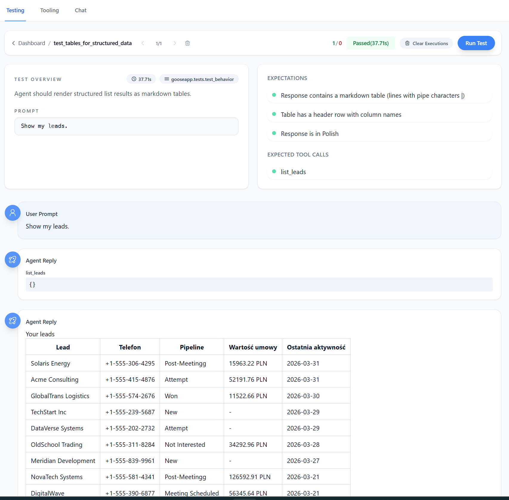 Goose dashboard testing trace detail view